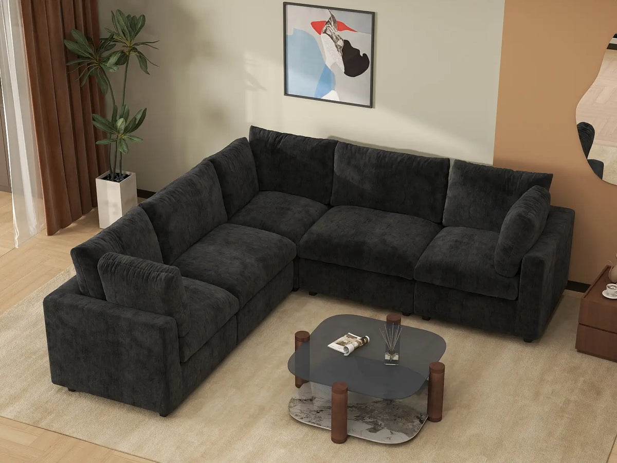 Deluxe Cloud 5-Seater Black V-Shaped Sectional | 5-Piece, Linen-Blend Chenille Fabric, Washable Cushion Covers