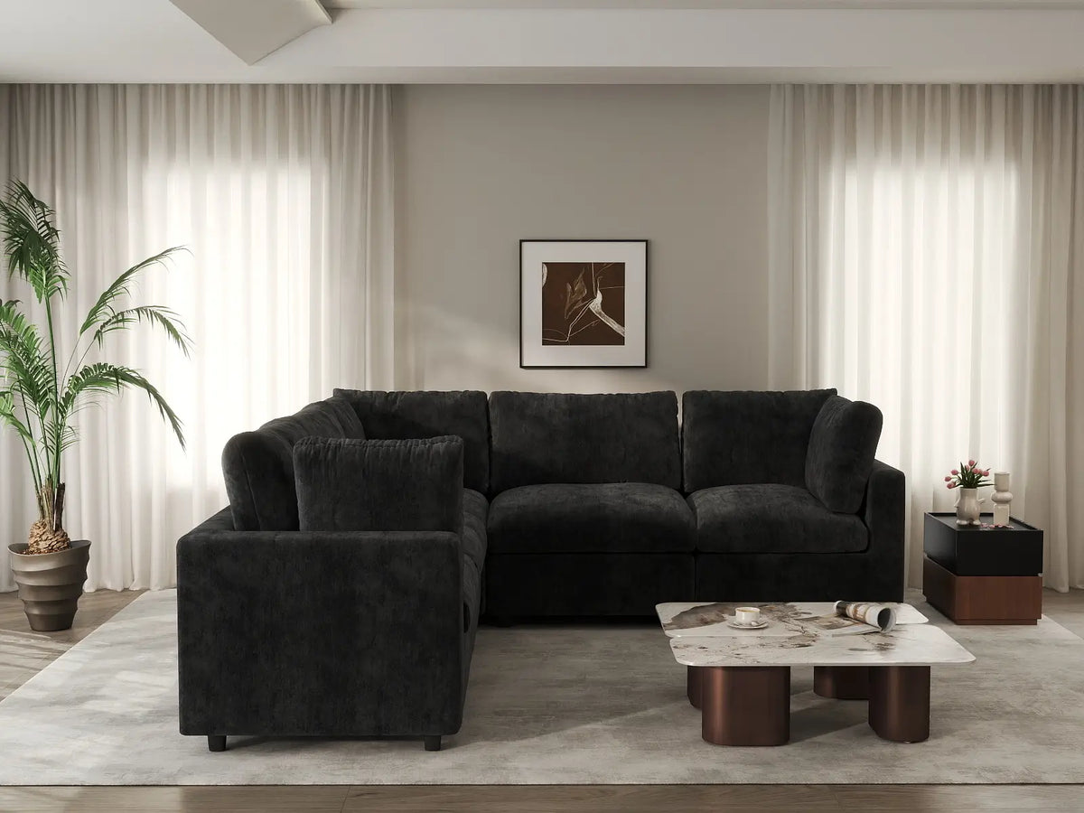 Deluxe Cloud 5-Seater Black V-Shaped Sectional | 5-Piece, Linen-Blend Chenille Fabric, Washable Cushion Covers