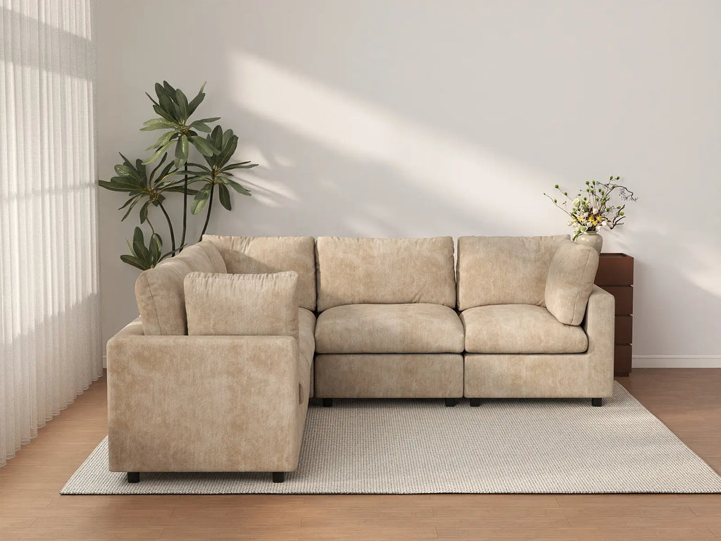 Deluxe Cloud 5-Seater Khaki Large Space V-Shaped Sectional | 5-Piece, Linen-Blend Chenille Fabric, Easy To Clean