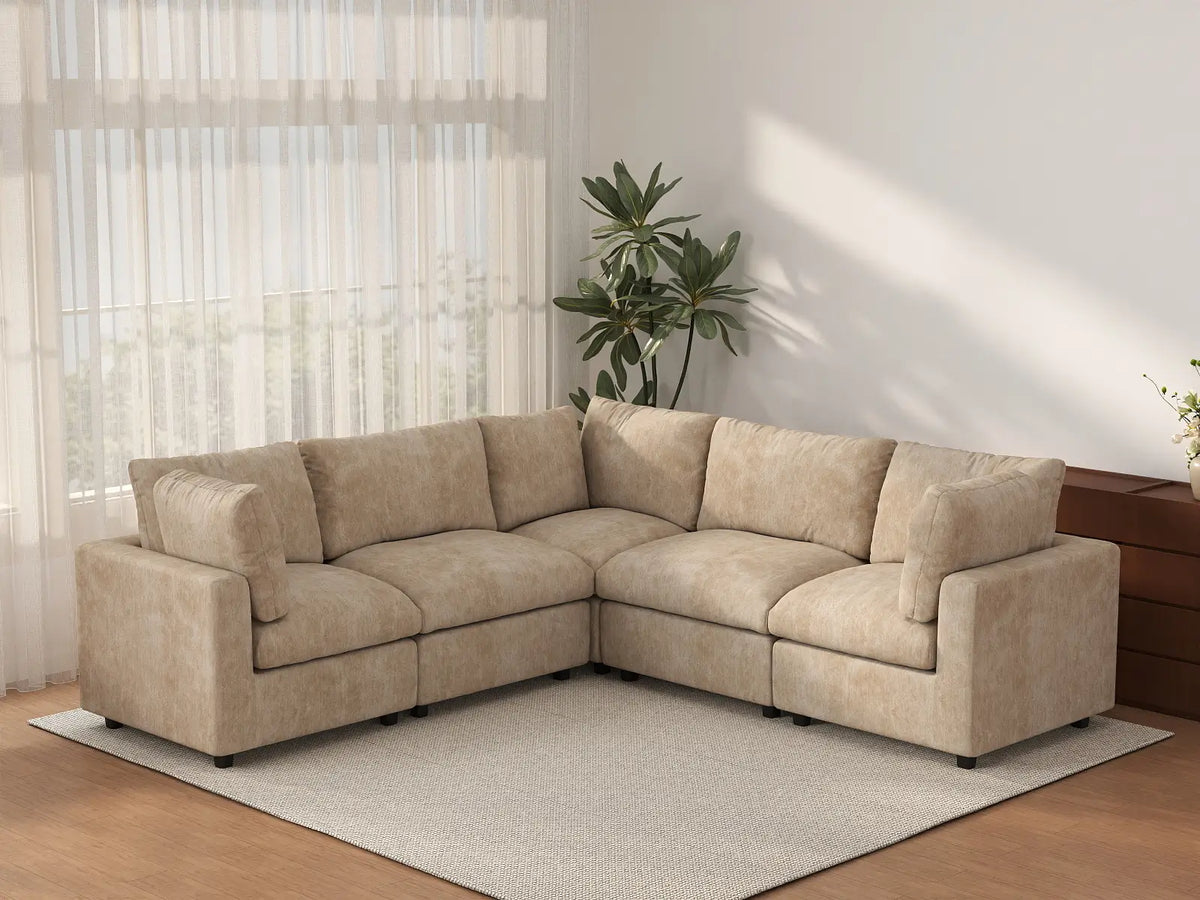 Deluxe Cloud 5-Seater Khaki Large Space V-Shaped Sectional | 5-Piece, Linen-Blend Chenille Fabric, Easy To Clean