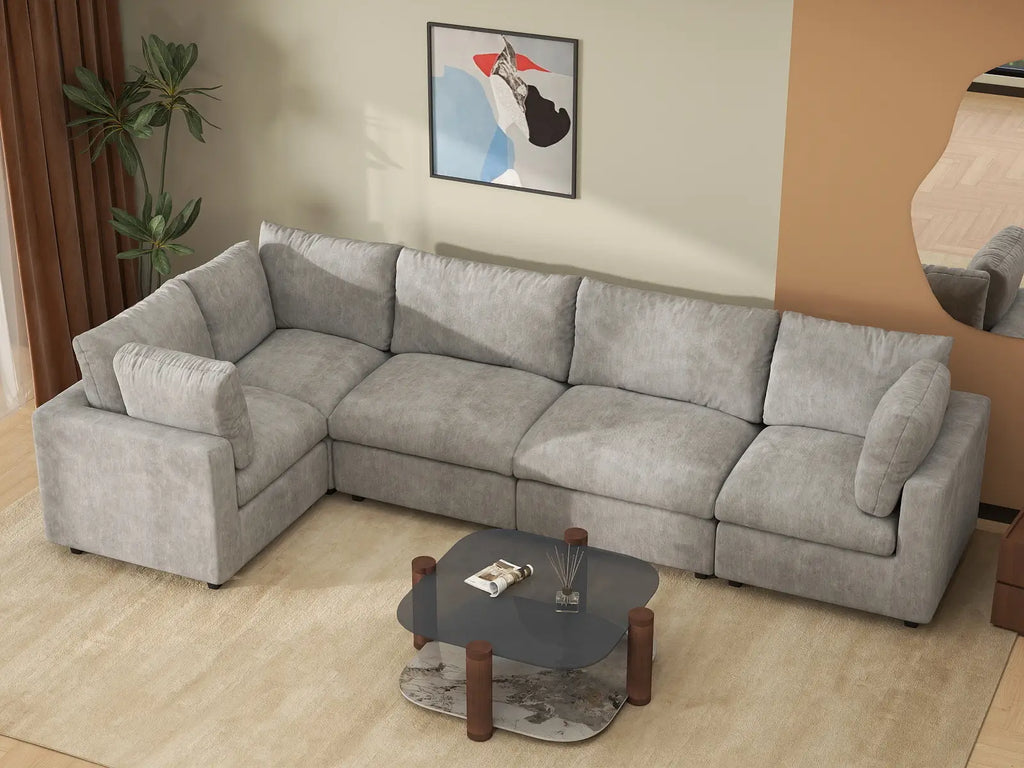 Deluxe Cloud 5-Seater Light Grey L-Shaped Sectional | 5-Piece, Linen-Blend Chenille Fabric, Washable Cushion Covers