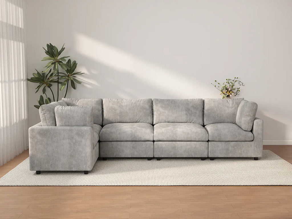Deluxe Cloud 5-Seater Light Grey L-Shaped Sectional | 5-Piece, Linen-Blend Chenille Fabric, Washable Cushion Covers