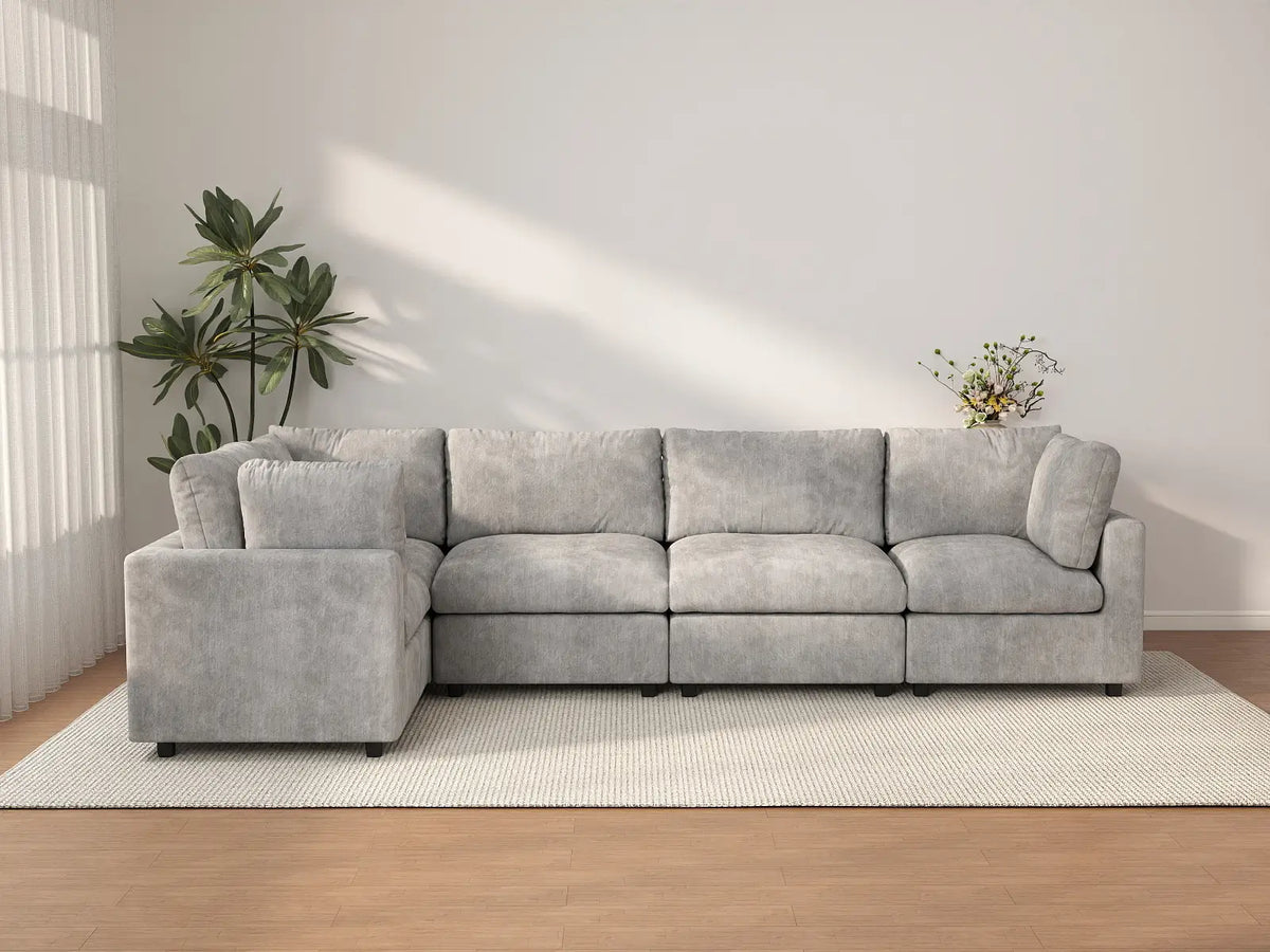 Deluxe Cloud 5-Seater Light Grey L-Shaped Sectional | 5-Piece, Linen-Blend Chenille Fabric, Washable Cushion Covers