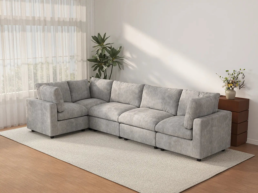 Deluxe Cloud 5-Seater Light Grey L-Shaped Sectional | 5-Piece, Linen-Blend Chenille Fabric, Washable Cushion Covers