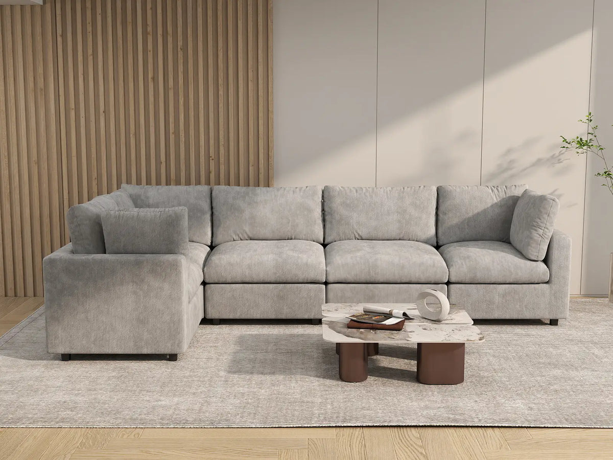 Deluxe Cloud 5-Seater Light Grey L-Shaped Sectional | 5-Piece, Linen-Blend Chenille Fabric, Washable Cushion Covers