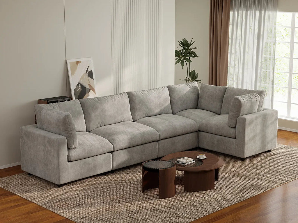 Deluxe Cloud 5-Seater Light Grey L-Shaped Sectional | 5-Piece, Linen-Blend Chenille Fabric, Washable Cushion Covers