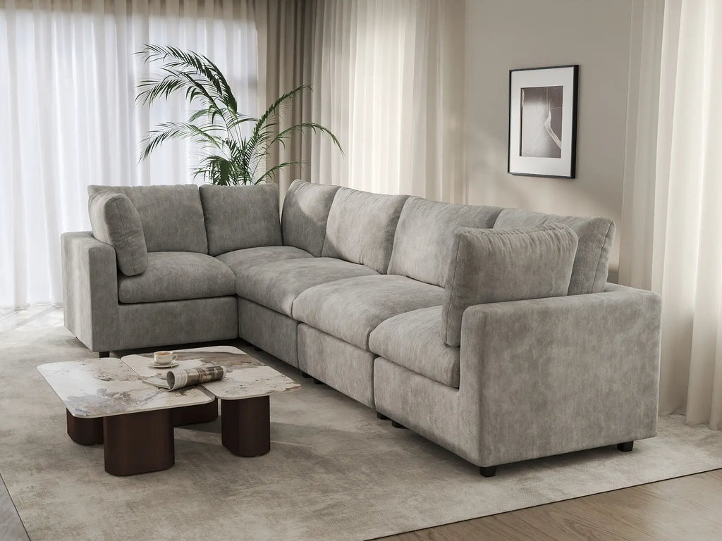 Deluxe Cloud 5-Seater Light Grey L-Shaped Sectional | 5-Piece, Linen-Blend Chenille Fabric, Washable Cushion Covers