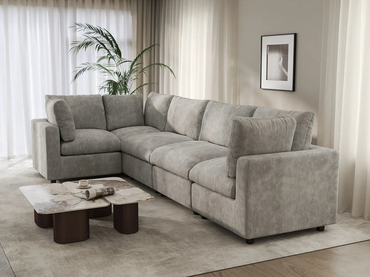 Deluxe Cloud 5-Seater Light Grey L-Shaped Sectional | 5-Piece, Linen-Blend Chenille Fabric, Washable Cushion Covers