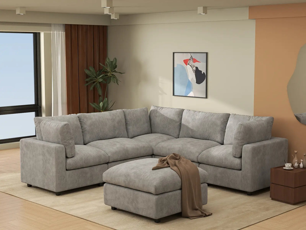 Deluxe Cloud 5-Seater Light Grey Sofa Set | 6-Piece (Includes 1 Ottoman), Linen-Blend Chenille Fabric, Washable Cushion Covers