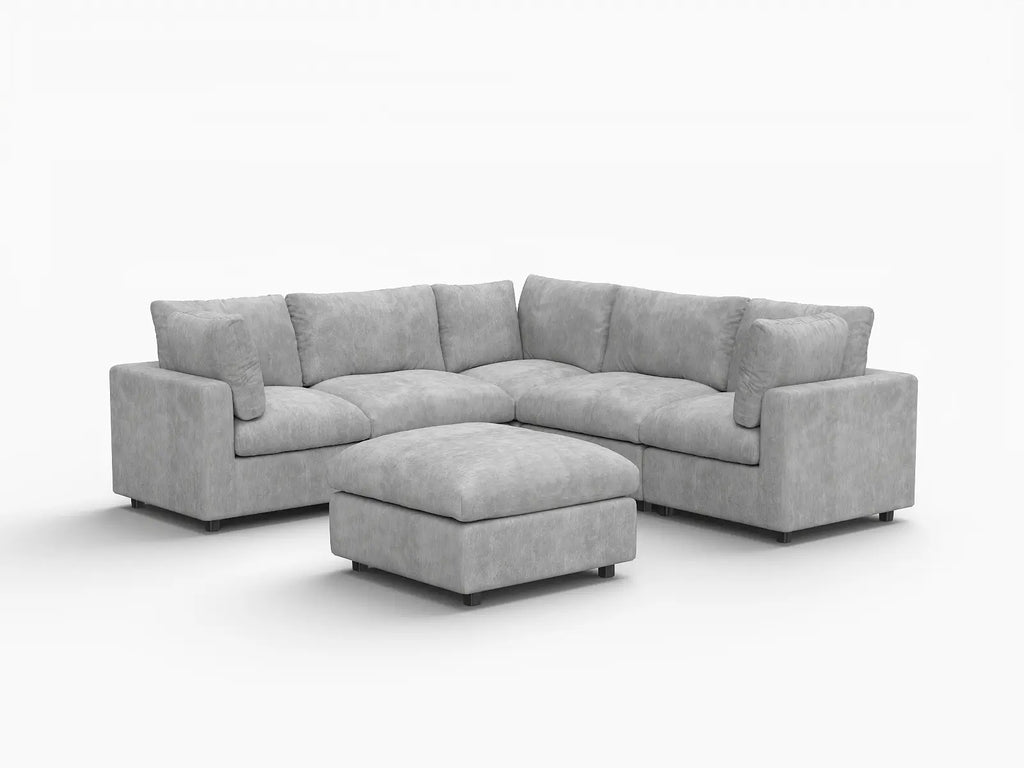 Deluxe Cloud 5-Seater Light Grey Sofa Set | 6-Piece (Includes 1 Ottoman), Linen-Blend Chenille Fabric, Washable Cushion Covers