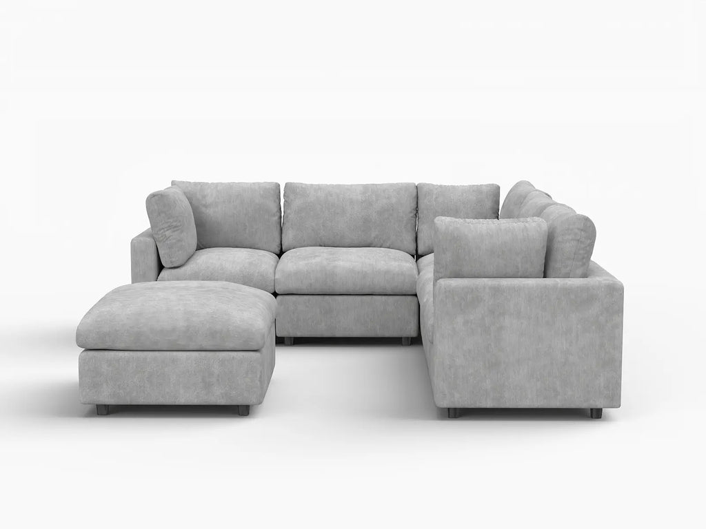 Deluxe Cloud 5-Seater Light Grey Sofa Set | 6-Piece (Includes 1 Ottoman), Linen-Blend Chenille Fabric, Washable Cushion Covers