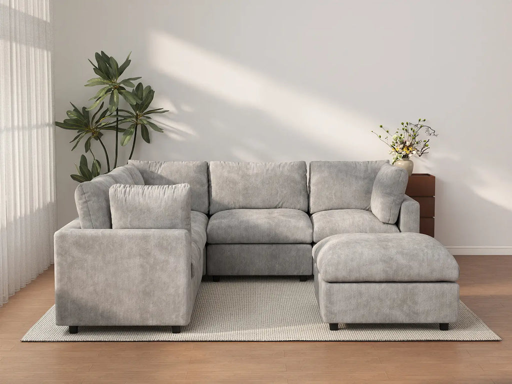 Deluxe Cloud 5-Seater Light Grey Sofa Set | 6-Piece (Includes 1 Ottoman), Linen-Blend Chenille Fabric, Washable Cushion Covers