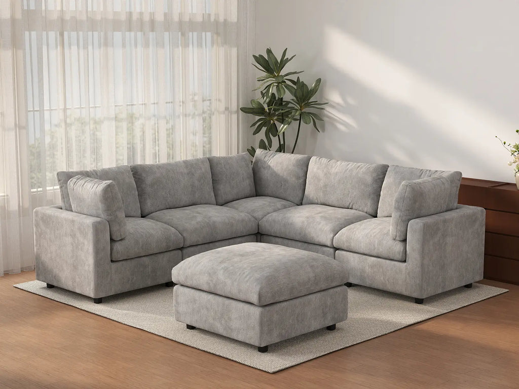 Deluxe Cloud 5-Seater Light Grey Sofa Set | 6-Piece (Includes 1 Ottoman), Linen-Blend Chenille Fabric, Washable Cushion Covers