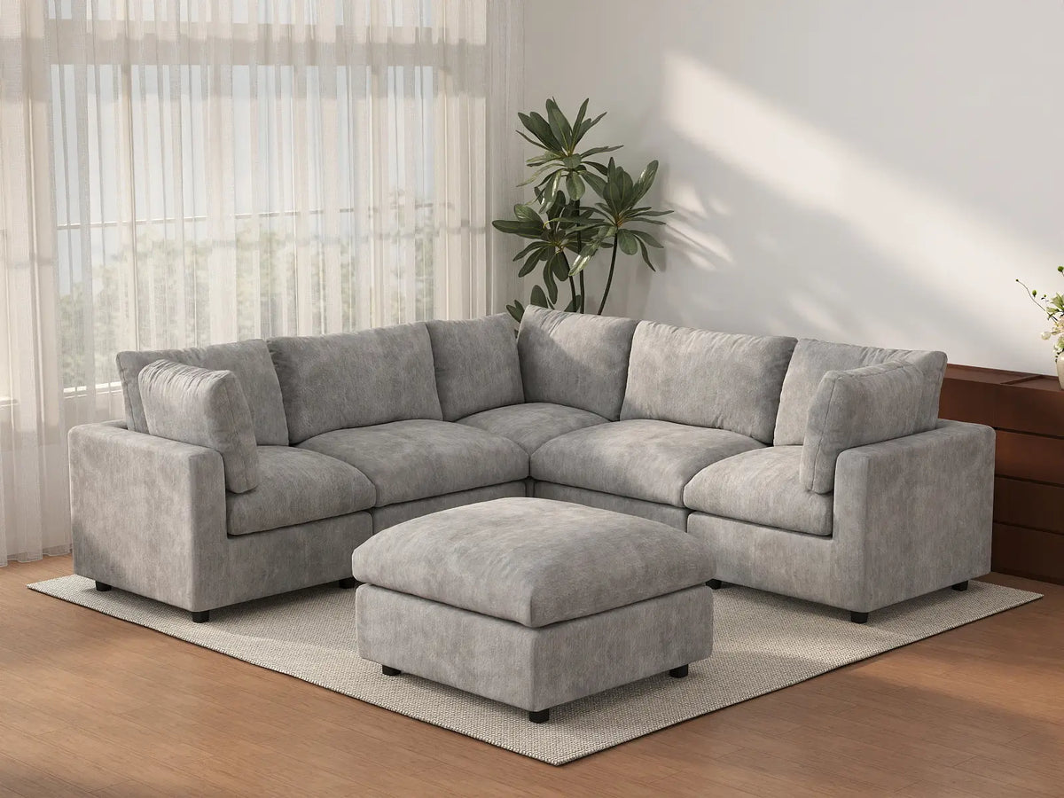 Deluxe Cloud 5-Seater Light Grey Sofa Set | 6-Piece (Includes 1 Ottoman), Linen-Blend Chenille Fabric, Washable Cushion Covers