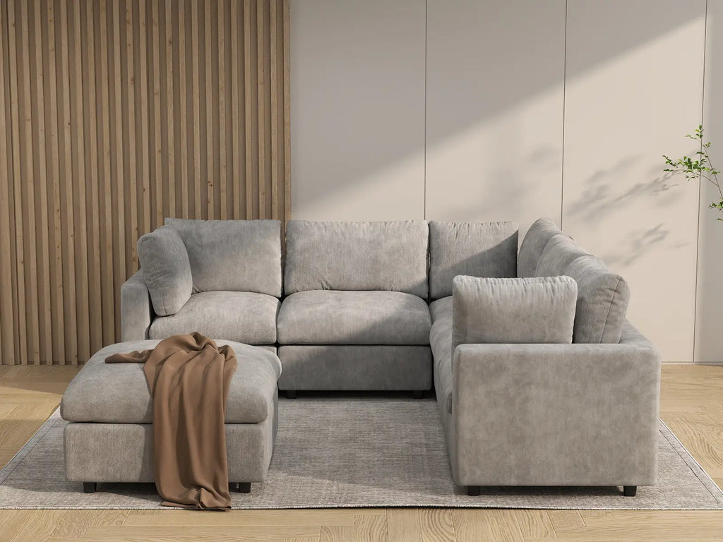 Deluxe Cloud 5-Seater Light Grey Sofa Set | 6-Piece (Includes 1 Ottoman), Linen-Blend Chenille Fabric, Washable Cushion Covers