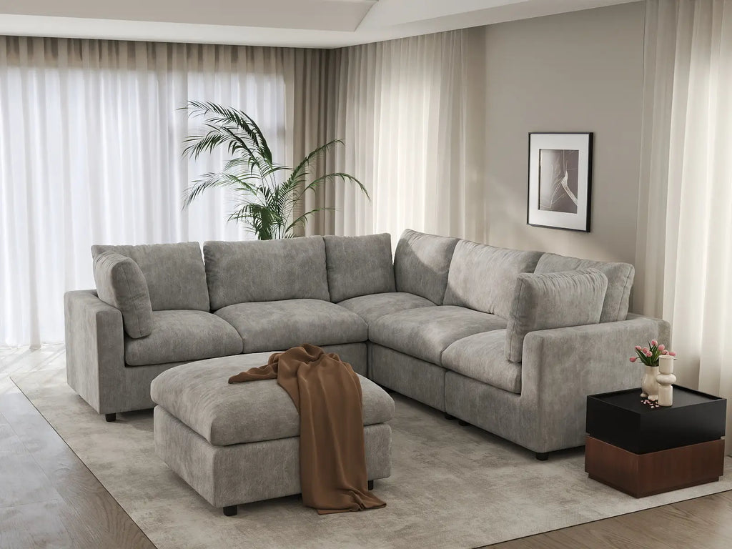 Deluxe Cloud 5-Seater Light Grey Sofa Set | 6-Piece (Includes 1 Ottoman), Linen-Blend Chenille Fabric, Washable Cushion Covers