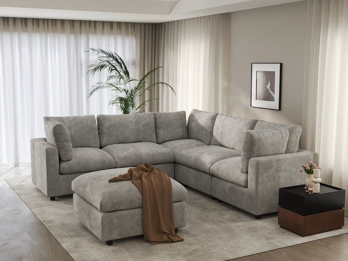 Deluxe Cloud 5-Seater Light Grey Sofa Set | 6-Piece (Includes 1 Ottoman), Linen-Blend Chenille Fabric, Washable Cushion Covers
