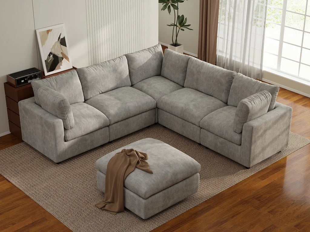 Deluxe Cloud 5-Seater Light Grey Sofa Set | 6-Piece (Includes 1 Ottoman), Linen-Blend Chenille Fabric, Washable Cushion Covers