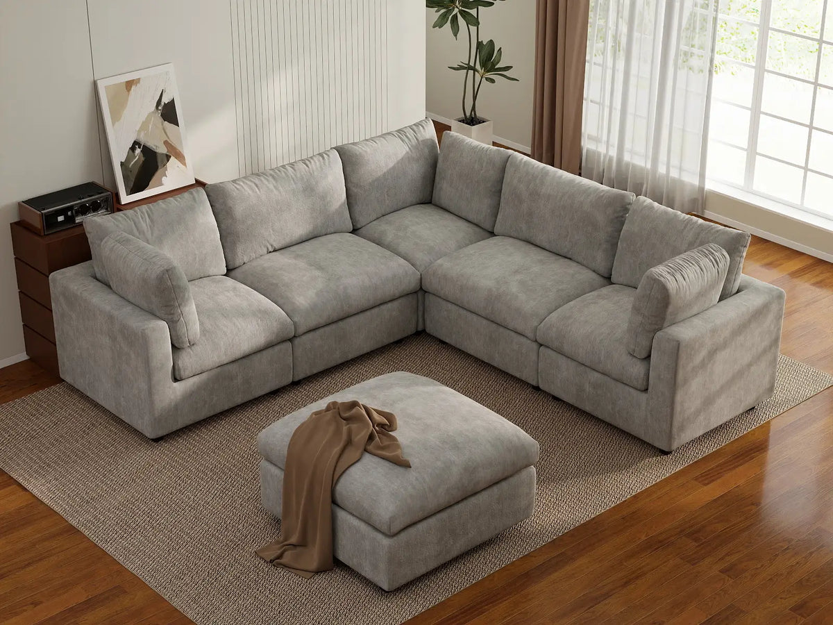 Deluxe Cloud 5-Seater Light Grey Sofa Set | 6-Piece (Includes 1 Ottoman), Linen-Blend Chenille Fabric, Washable Cushion Covers