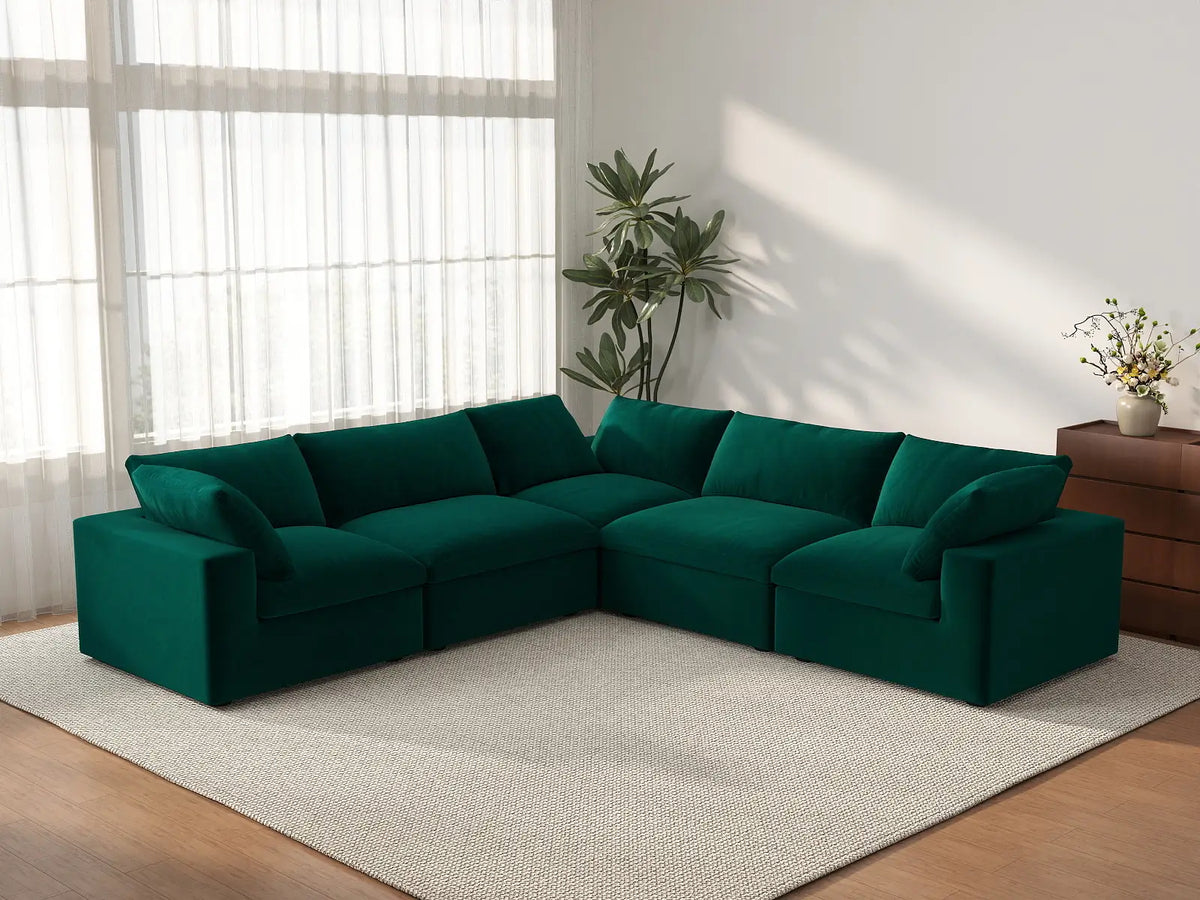 Deluxe Cloud 5-Seater V-Shaped Sectional in Gem Green Velvet | 5-Piece, Living Room Seating, Easy To Clean, Contemporary Style