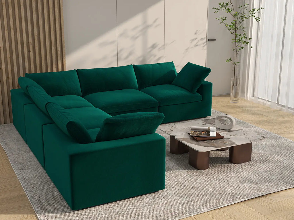 Deluxe Cloud 5-Seater V-Shaped Sectional in Gem Green Velvet | 5-Piece, Living Room Seating, Easy To Clean, Contemporary Style