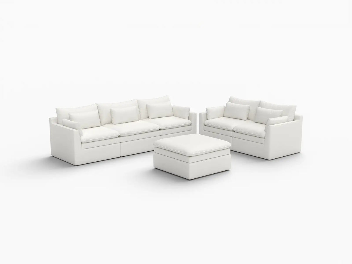 Deluxe Cloud 5-Seater White Large Space Sofa Set | 6-Piece (Includes 1 Ottoman), Linen Look Poly Fabric, Easy To Clean
