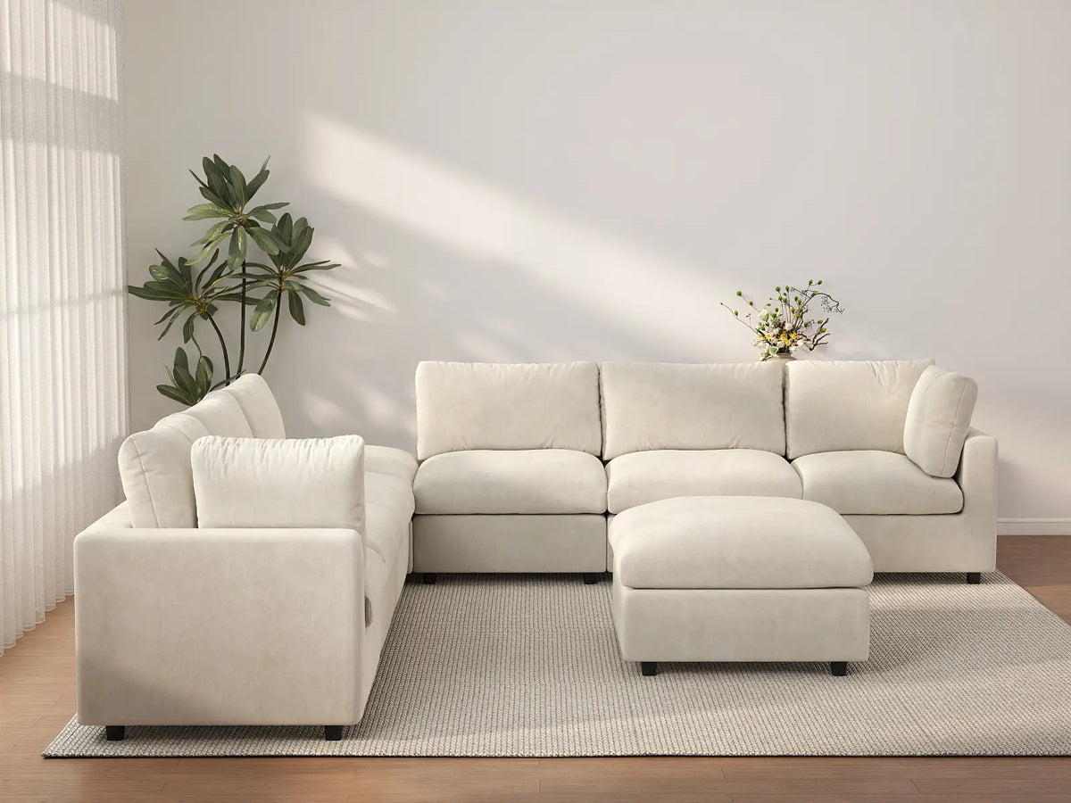 Deluxe Cloud 6-Seater Beige Open Space Sofa Set | 8-Piece (Includes 2 Ottomans), Linen-Blend Chenille Fabric, Easy To Clean