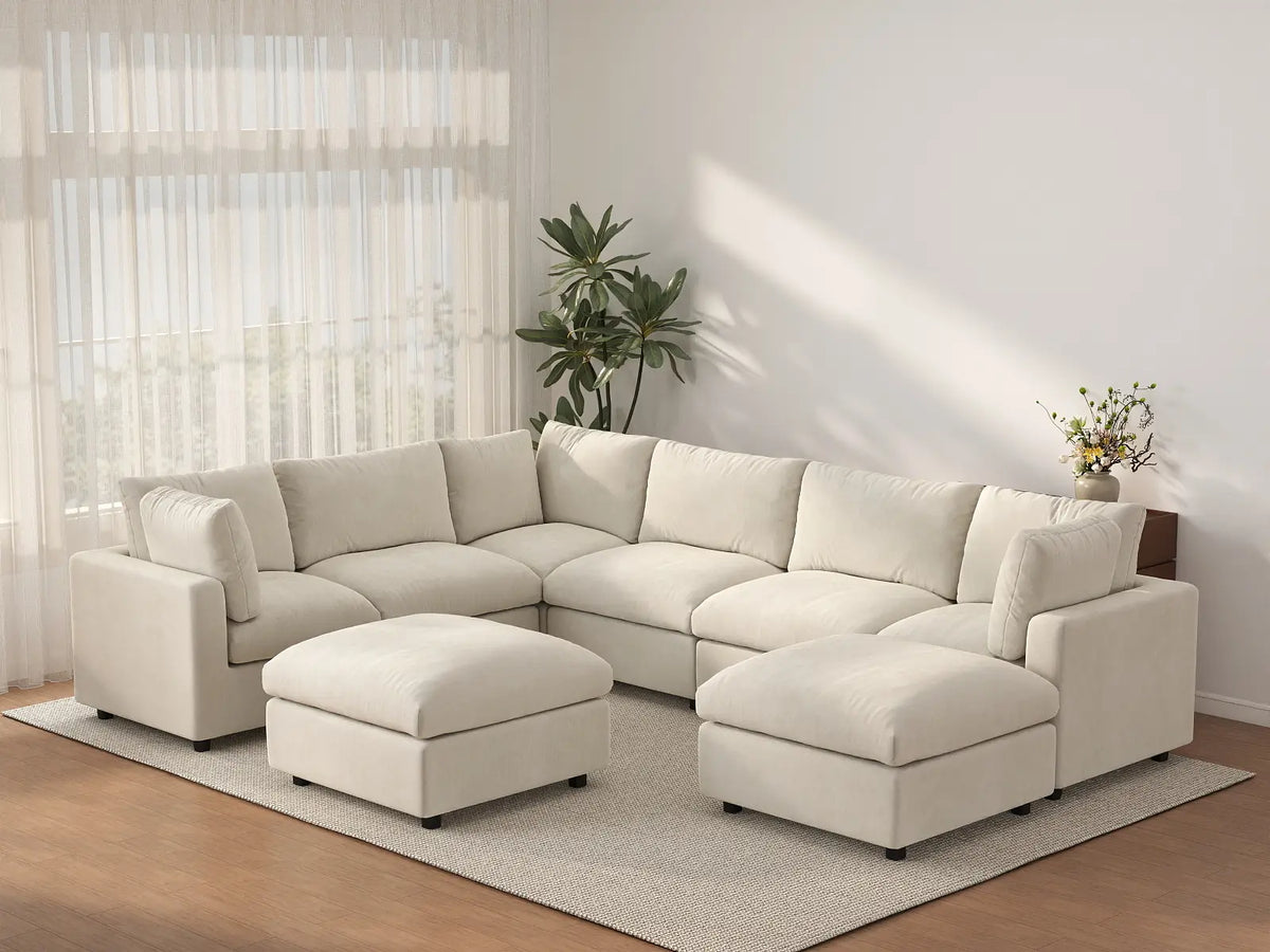 Deluxe Cloud 6-Seater Beige Open Space Sofa Set | 8-Piece (Includes 2 Ottomans), Linen-Blend Chenille Fabric, Easy To Clean