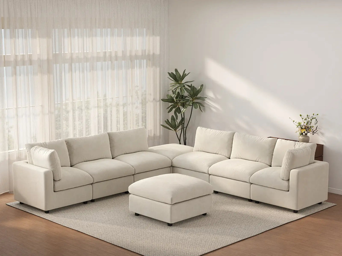 Deluxe Cloud 6-Seater Beige Open Space Sofa Set | 8-Piece (Includes 2 Ottomans), Linen-Blend Chenille Fabric, Easy To Clean
