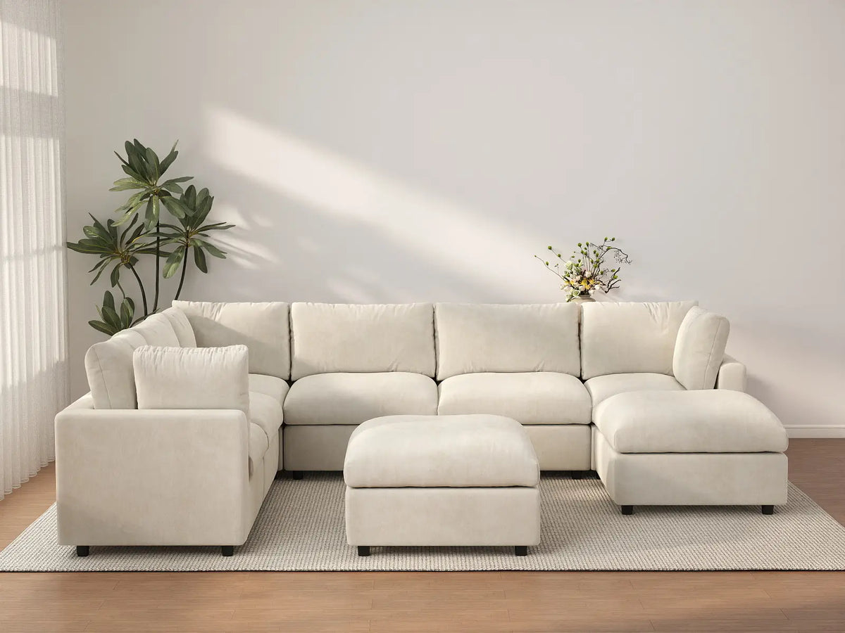 Deluxe Cloud 6-Seater Beige Open Space Sofa Set | 8-Piece (Includes 2 Ottomans), Linen-Blend Chenille Fabric, Easy To Clean