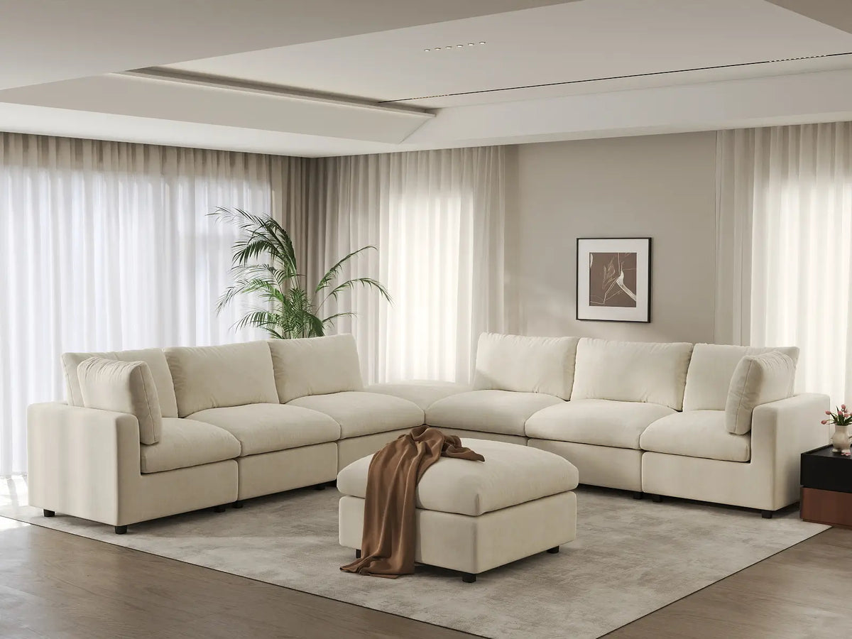 Deluxe Cloud 6-Seater Beige Open Space Sofa Set | 8-Piece (Includes 2 Ottomans), Linen-Blend Chenille Fabric, Easy To Clean