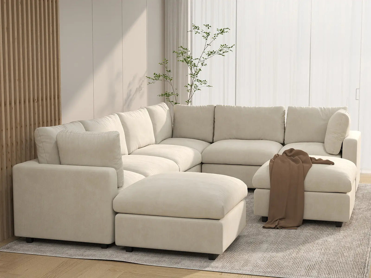 Deluxe Cloud 6-Seater Beige Open Space Sofa Set | 8-Piece (Includes 2 Ottomans), Linen-Blend Chenille Fabric, Easy To Clean