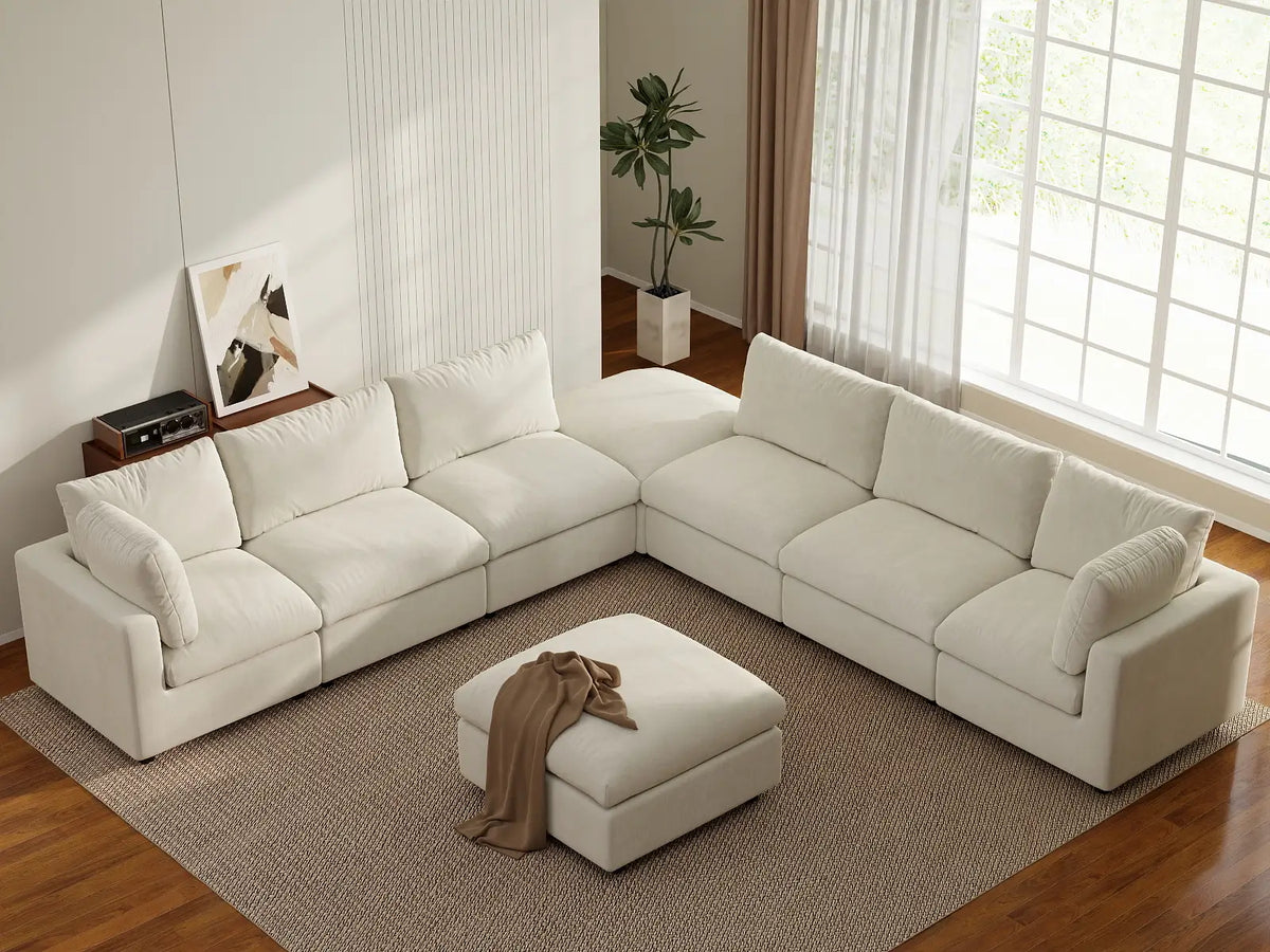 Deluxe Cloud 6-Seater Beige Open Space Sofa Set | 8-Piece (Includes 2 Ottomans), Linen-Blend Chenille Fabric, Easy To Clean
