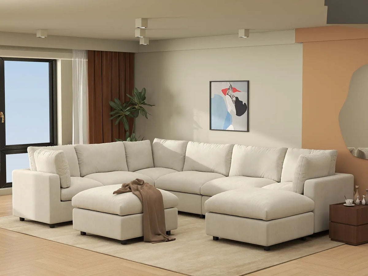 Deluxe Cloud 6-Seater Beige Open Space Sofa Set | 8-Piece (Includes 2 Ottomans), Linen-Blend Chenille Fabric, Easy To Clean