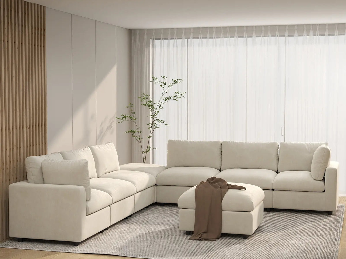 Deluxe Cloud 6-Seater Beige Open Space Sofa Set | 8-Piece (Includes 2 Ottomans), Linen-Blend Chenille Fabric, Easy To Clean