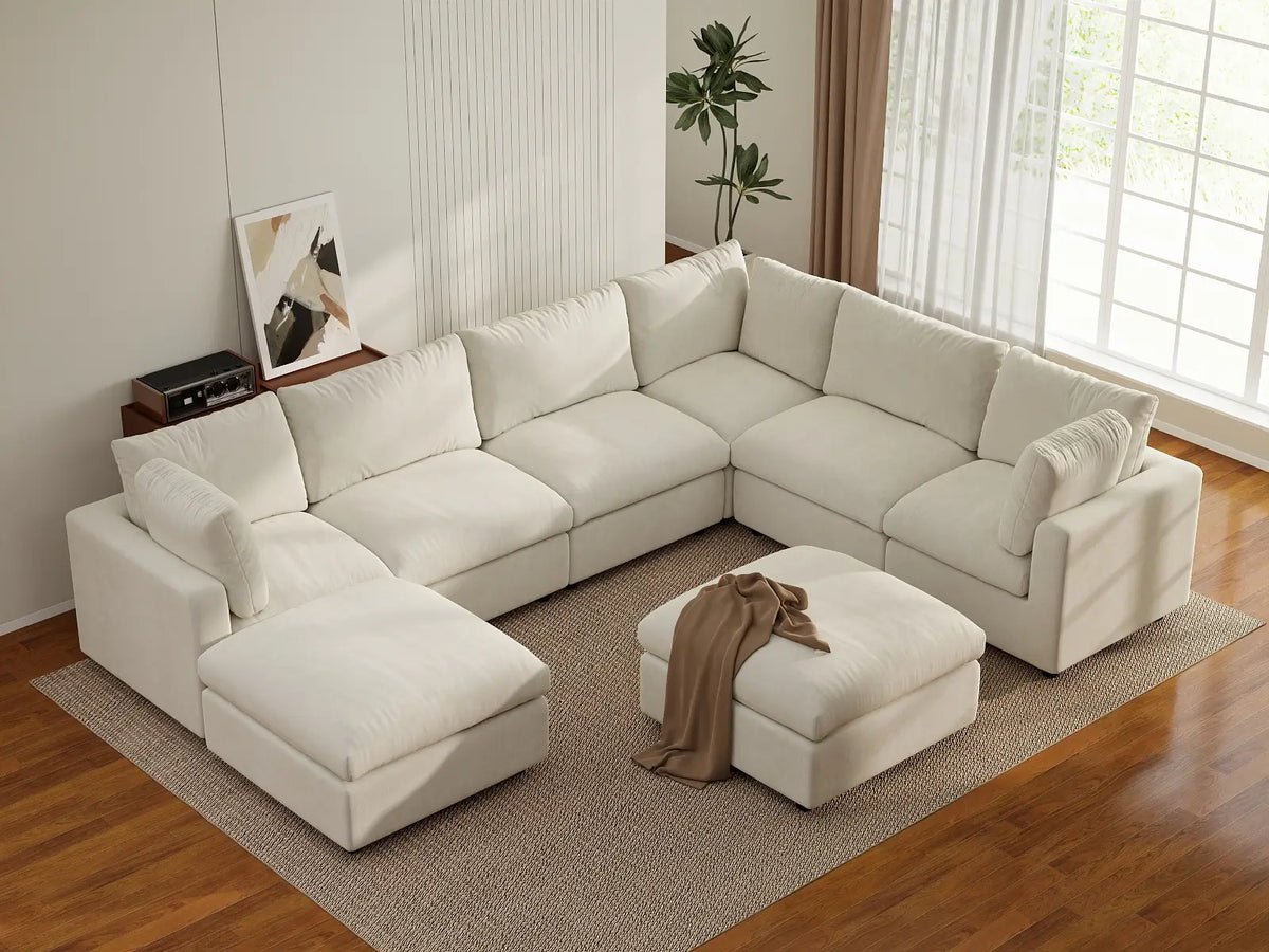 Deluxe Cloud 6-Seater Beige Open Space Sofa Set | 8-Piece (Includes 2 Ottomans), Linen-Blend Chenille Fabric, Easy To Clean