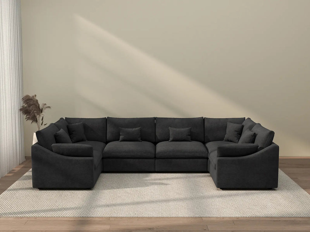 Deluxe Cloud 6-Seater Black Pit Sectional | 6-Piece, Chenille And Linen Fabric, Washable Cushion Covers
