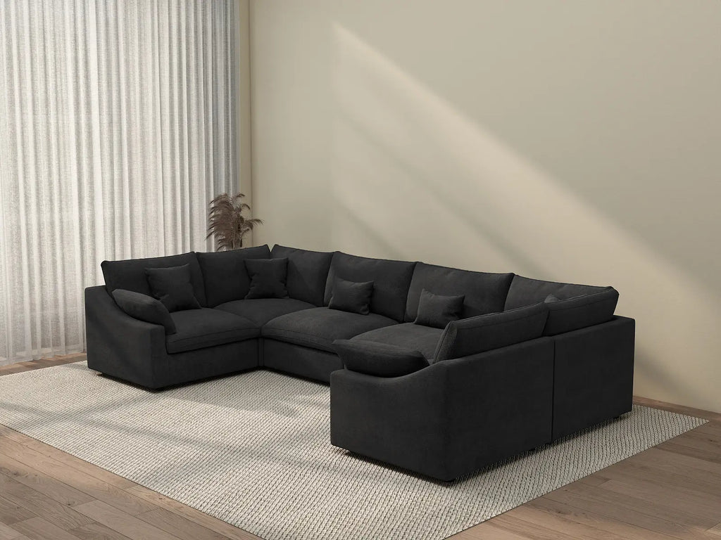 Deluxe Cloud 6-Seater Black Pit Sectional | 6-Piece, Chenille And Linen Fabric, Washable Cushion Covers