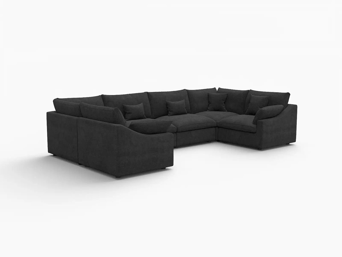 Deluxe Cloud 6-Seater Black Pit Sectional | 6-Piece, Chenille And Linen Fabric, Washable Cushion Covers