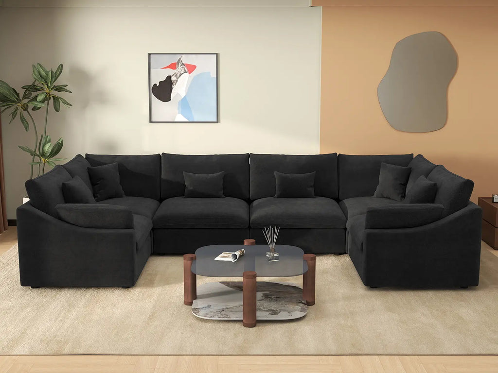 Deluxe Cloud 6-Seater Black Pit Sectional | 6-Piece, Chenille And Linen Fabric, Washable Cushion Covers