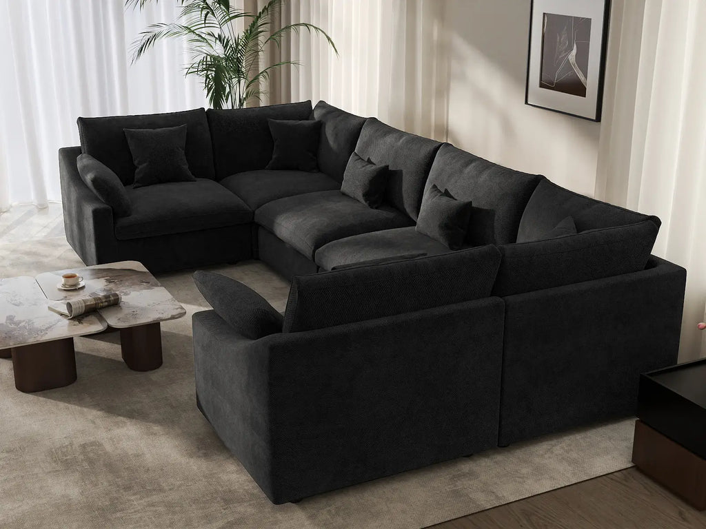 Deluxe Cloud 6-Seater Black Pit Sectional | 6-Piece, Chenille And Linen Fabric, Washable Cushion Covers