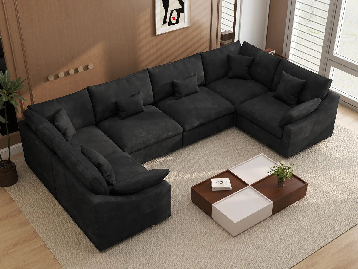 Deluxe Cloud 6-Seater Black Pit Sectional | 6-Piece, Chenille And Linen Fabric, Washable Cushion Covers