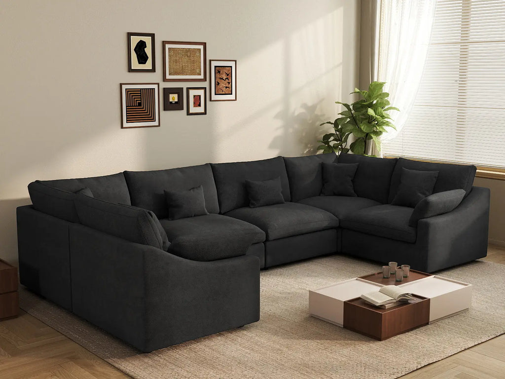 Deluxe Cloud 6-Seater Black Pit Sectional | 6-Piece, Chenille And Linen Fabric, Washable Cushion Covers