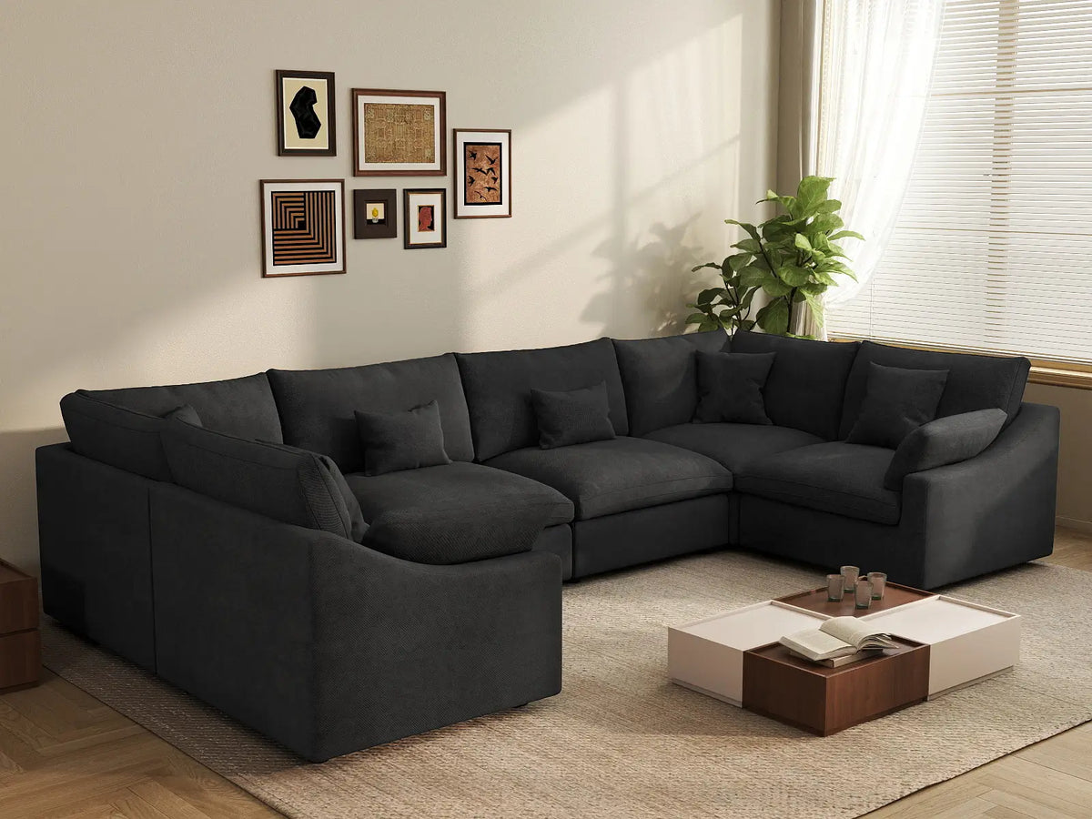 Deluxe Cloud 6-Seater Black Pit Sectional | 6-Piece, Chenille And Linen Fabric, Washable Cushion Covers