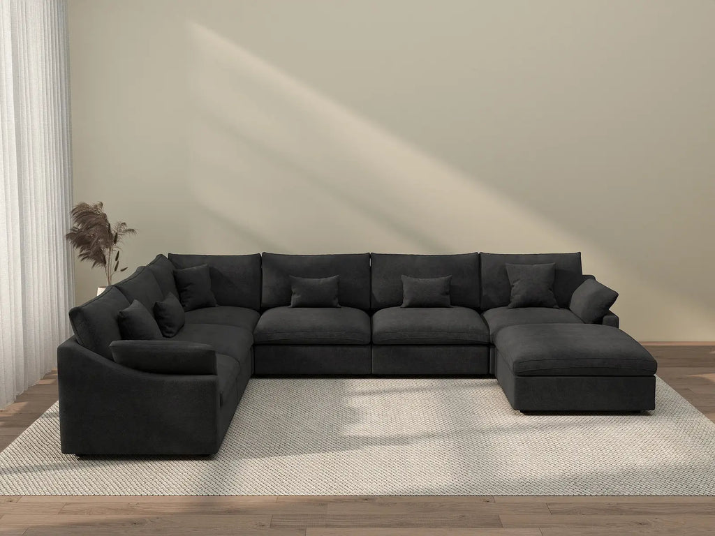 Deluxe Cloud 6-Seater Black Pit Sectional | 7-Piece (Includes 1 Ottoman), Chenille And Linen Fabric, Washable Cushion Covers