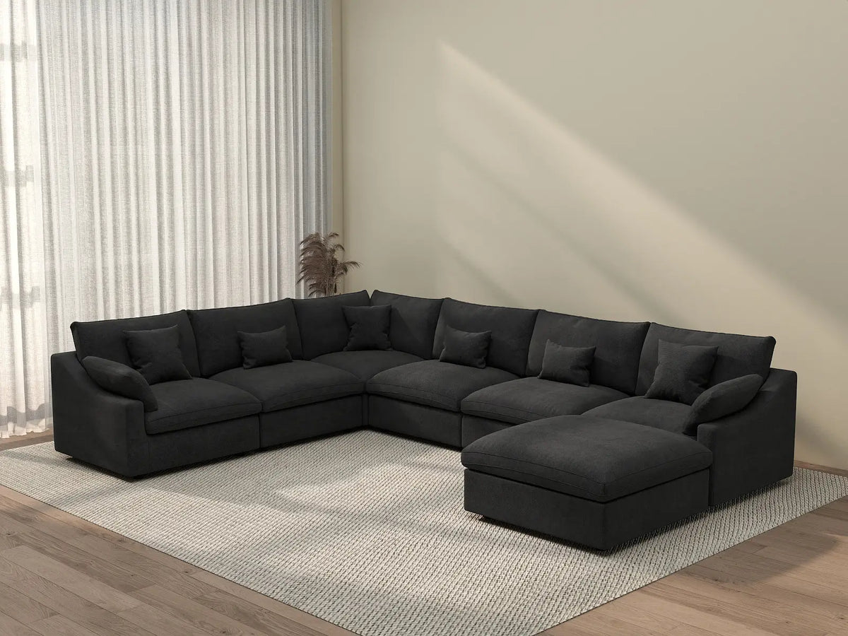 Deluxe Cloud 6-Seater Black Pit Sectional | 7-Piece (Includes 1 Ottoman), Chenille And Linen Fabric, Washable Cushion Covers