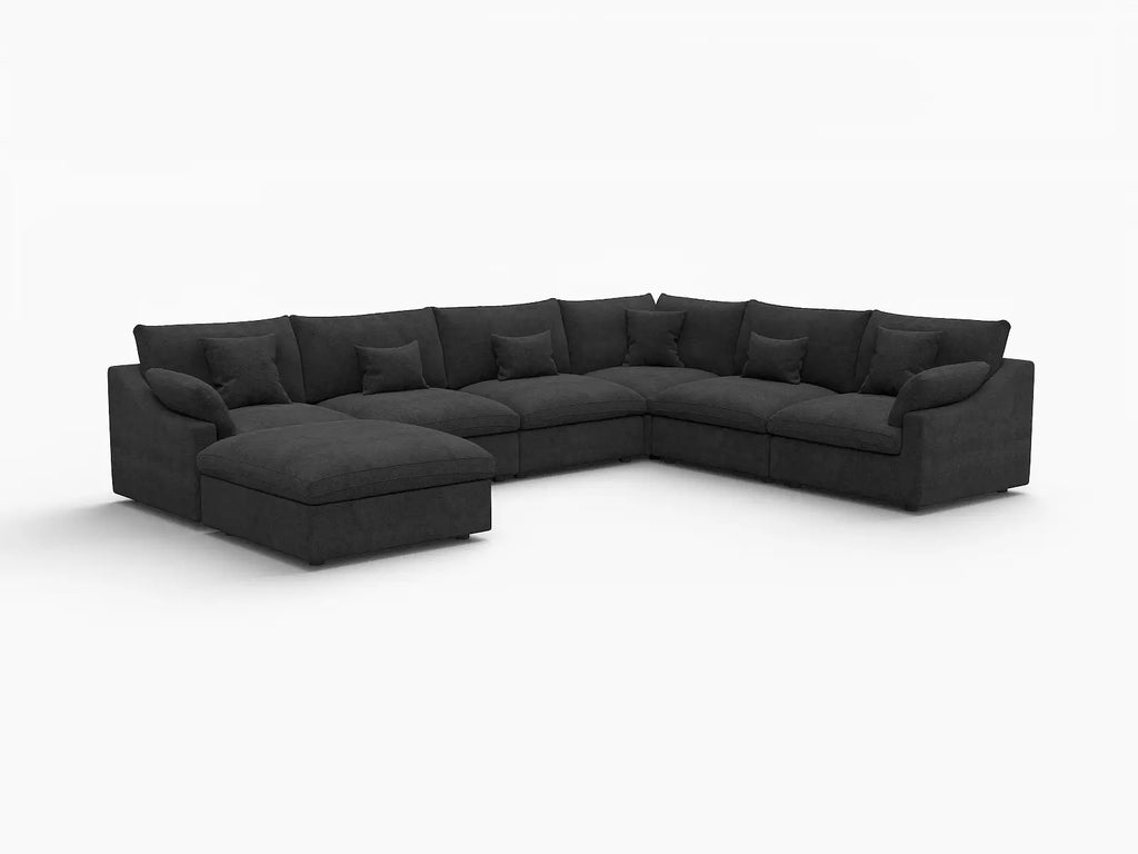 Deluxe Cloud 6-Seater Black Pit Sectional | 7-Piece (Includes 1 Ottoman), Chenille And Linen Fabric, Washable Cushion Covers