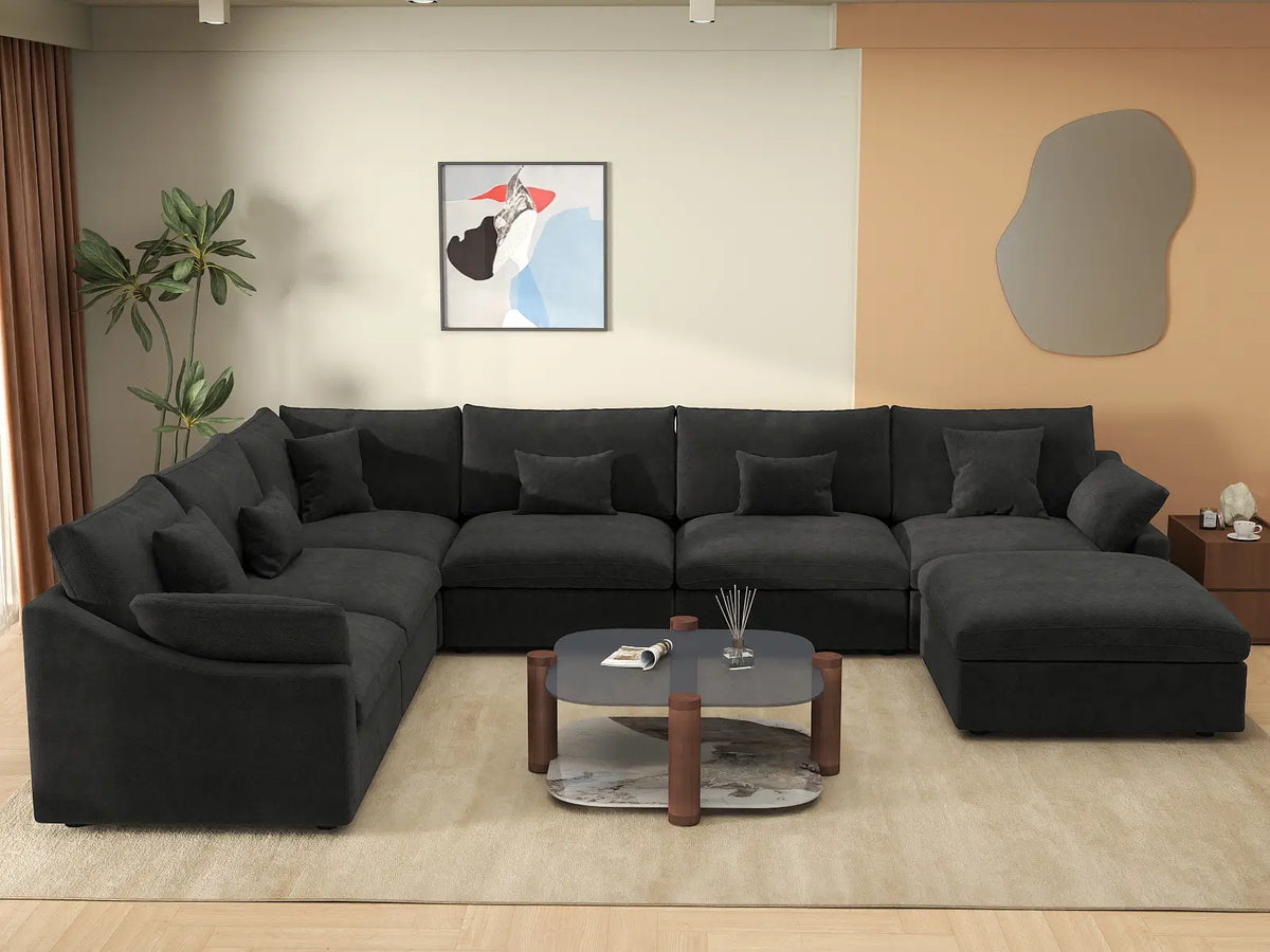 Deluxe Cloud 6-Seater Black Pit Sectional | 7-Piece (Includes 1 Ottoman), Chenille And Linen Fabric, Washable Cushion Covers