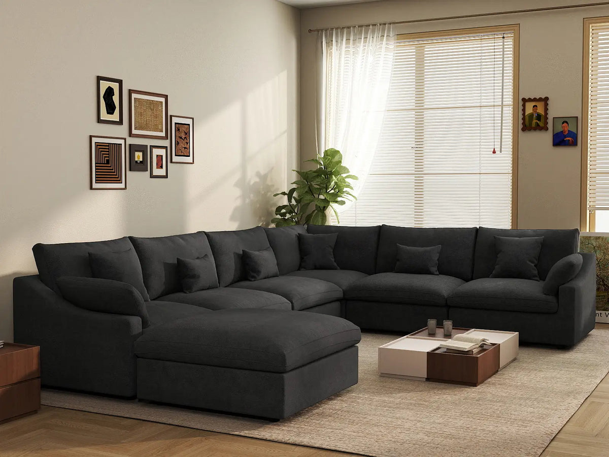 Deluxe Cloud 6-Seater Black Pit Sectional | 7-Piece (Includes 1 Ottoman), Chenille And Linen Fabric, Washable Cushion Covers