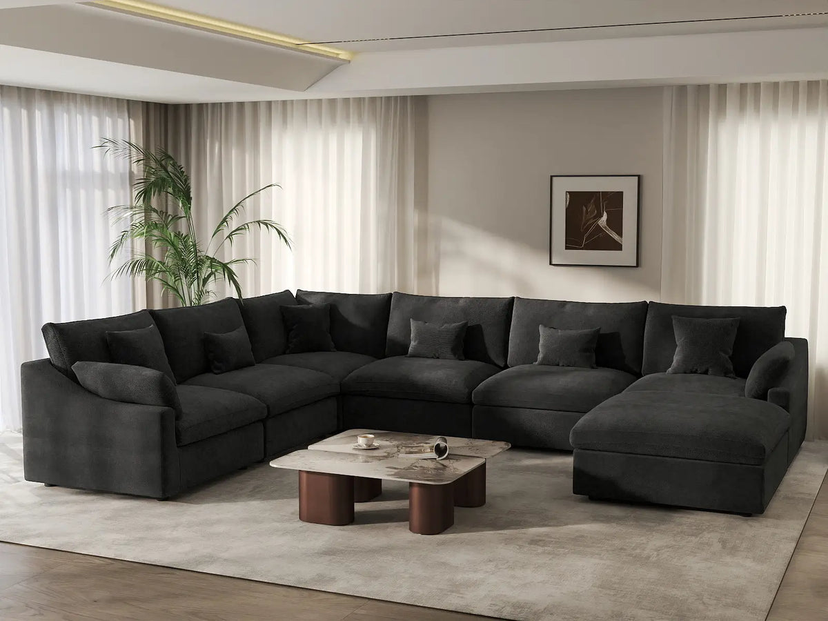 Deluxe Cloud 6-Seater Black Pit Sectional | 7-Piece (Includes 1 Ottoman), Chenille And Linen Fabric, Washable Cushion Covers